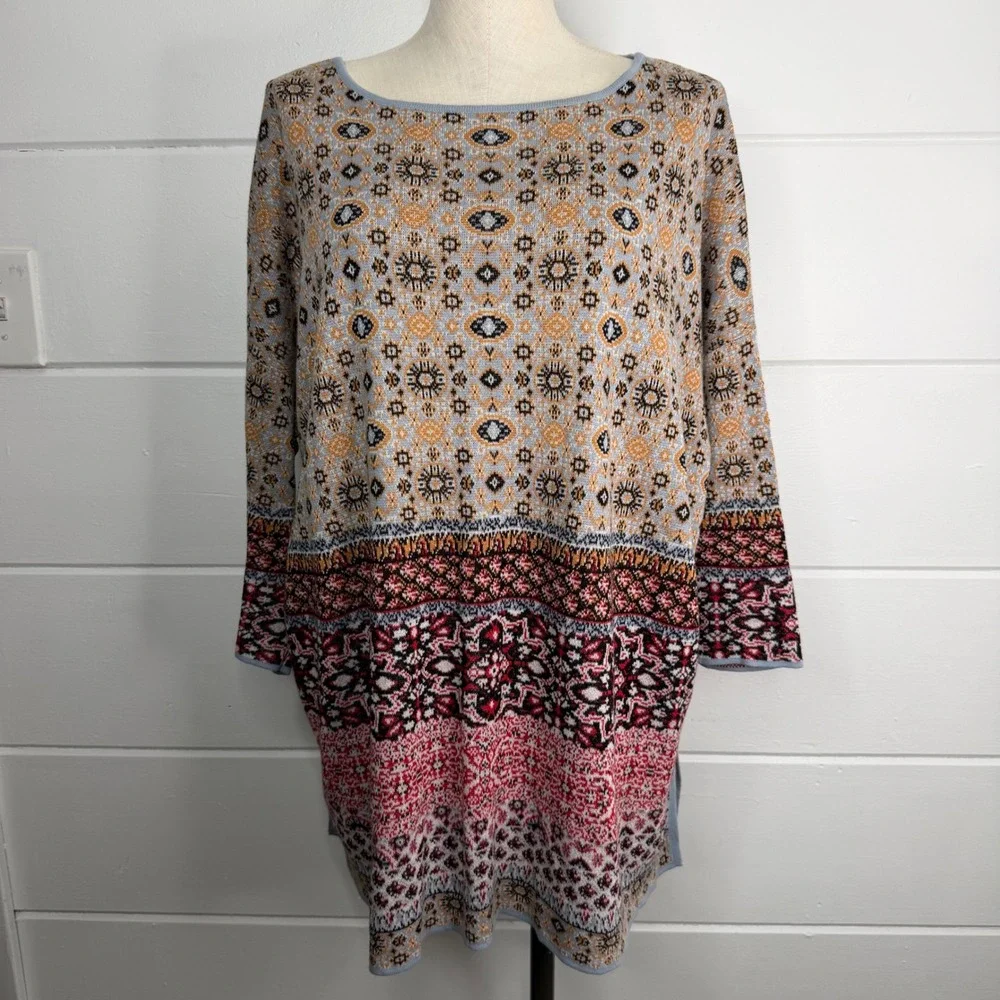 J Jill Large Linen Cotton Knit Sweater 3/4‎ Sleeve Boho Lagenlook Geometric
